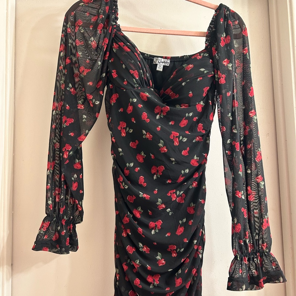 J for Justify Black Dress with Red Floral Design